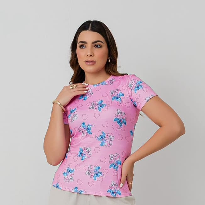 T-shirt Estampada Camiseta Feminina Jovem Juvenil Personagens Baby look Stitch