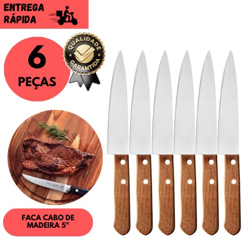 Kits 3/4/5 ou 6 Faca de Cozinha Profissional 5” Aço Inox Cabo de Madeira Faca Afiada para Chef
