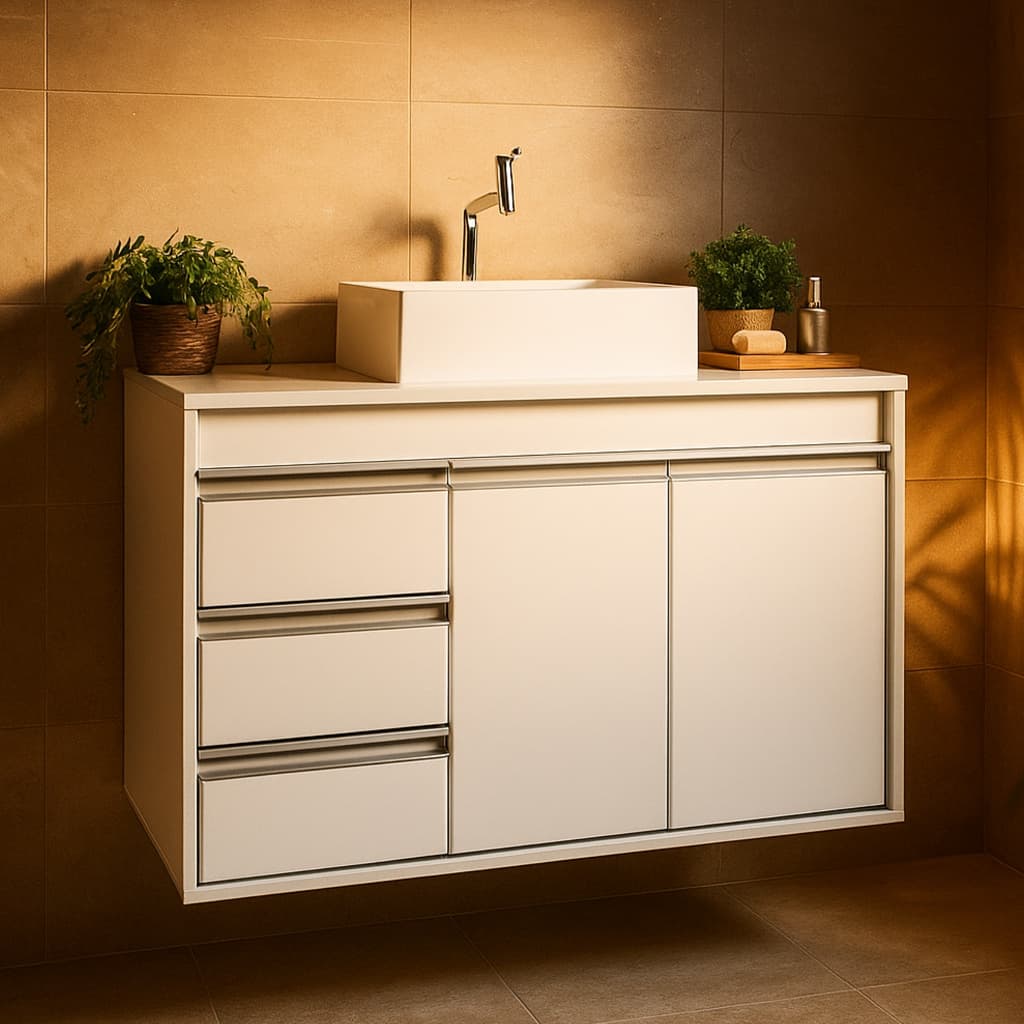 Gabinete de Banheiro Torino e Gavetas Toucador Pérola 76cm Montado