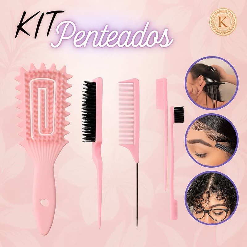 Kit Penteados Profissional Rosa –Escova Desembaraçadora + Kit 3 Pentes de Finalização Baby Hair, Tranças.