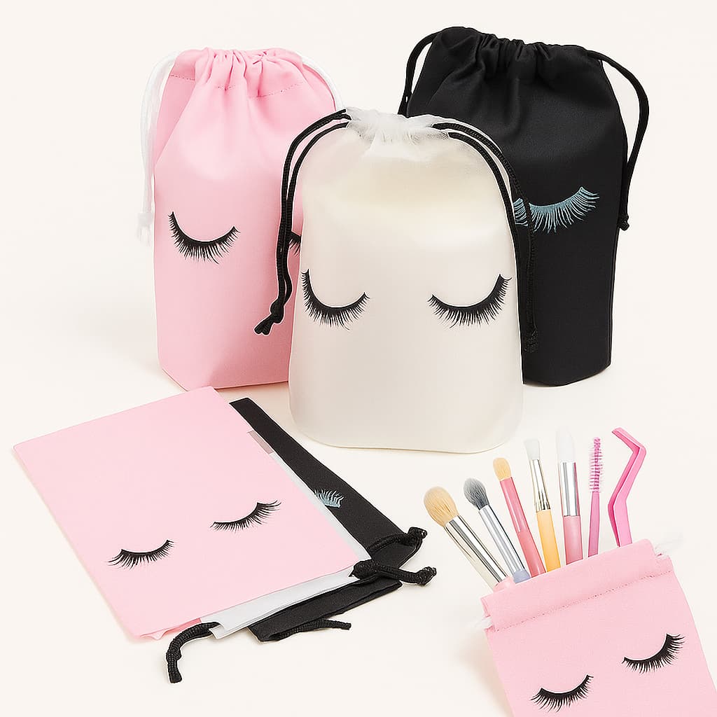 Kit 50 Sacos Sacolas de Maquiagem PVC com Estampa de Cílios Impermeáveis Com Cordão Ajustável