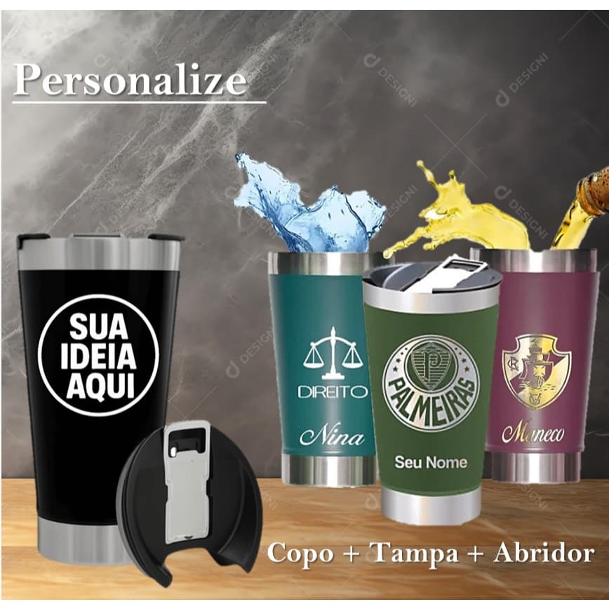 Copo Térmico Aço Inox Personalizado Time Coração Futebol Logo Nome Desenho Bebidas Gelado e Quente