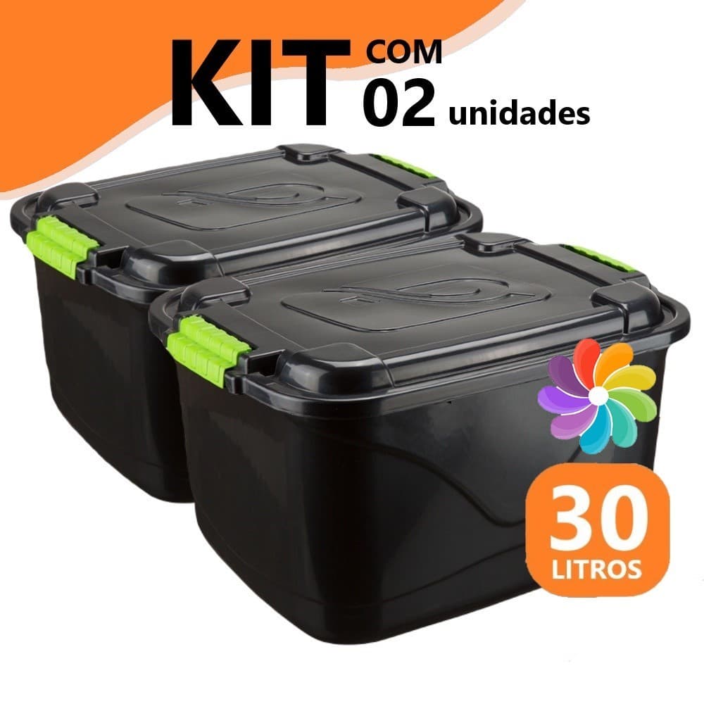 Kit 2 Caixa Organizadora 30 Litros Grande C/Tampa e Trava Cesto para Brinquedos e Multiuso