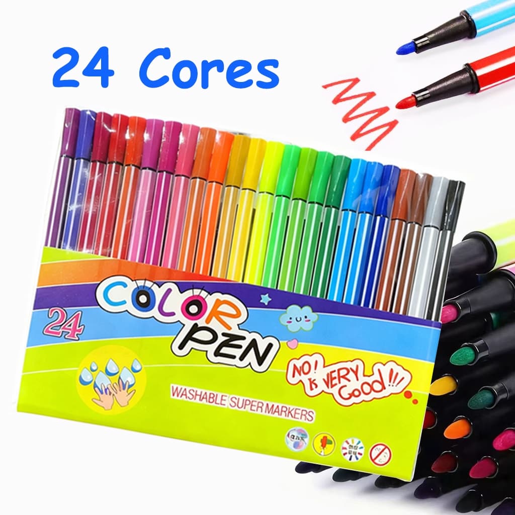 Kit 12/18/24 Cores Caneta Brush Lettering e Ponta Fina  Canetinha Colorir Desenho