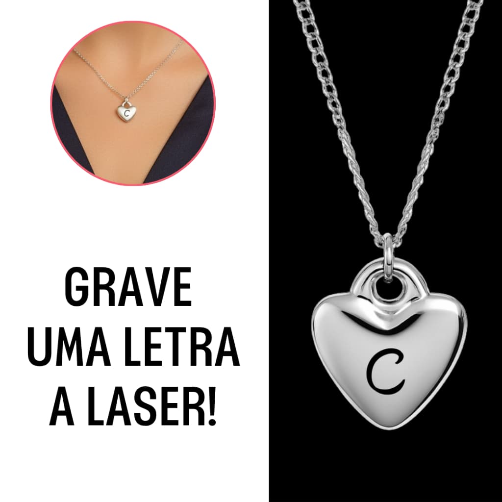 Colar com Pingente de Coração com Letra Inicial do Nome Gravada a Laser em Aço Inox