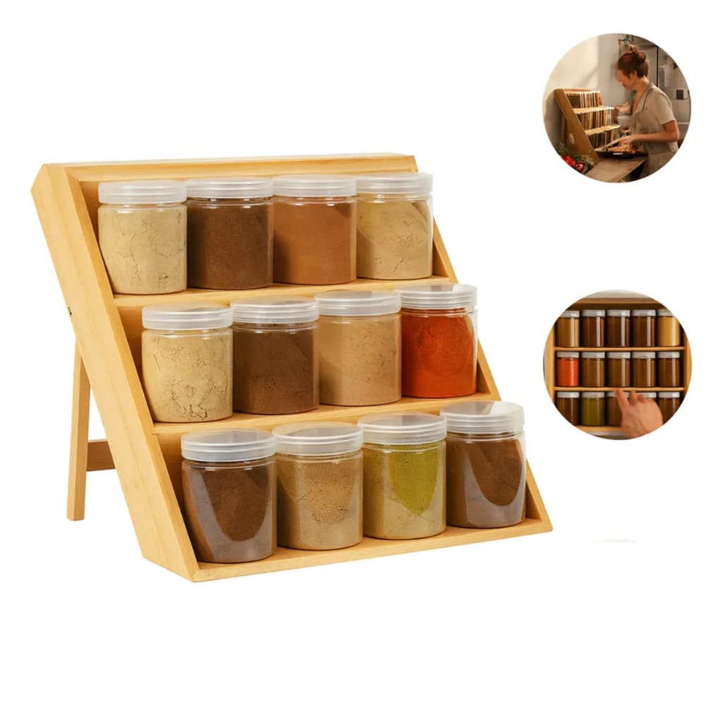 Rack Organizador Porta Temperos Bambu Ecoliven Prateleira Gaveta Com 12 Potes Escadinha condimentos Bancada