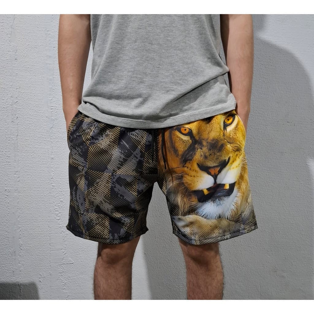 Shorts Tactel Masculino Estampado Leão Bermuda Elastano Streetwear Masculina Treino