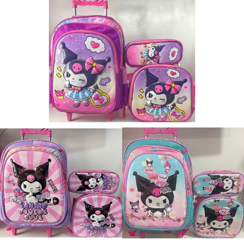 KIT MOCHILA ESCOLAR INFANTIL KUROMI HELLO KITTY 3D COM RODINHAS/MOCHILA LANCHEIRA TÉRMICA ESTOJO/MOCHILA MENINA 2026/