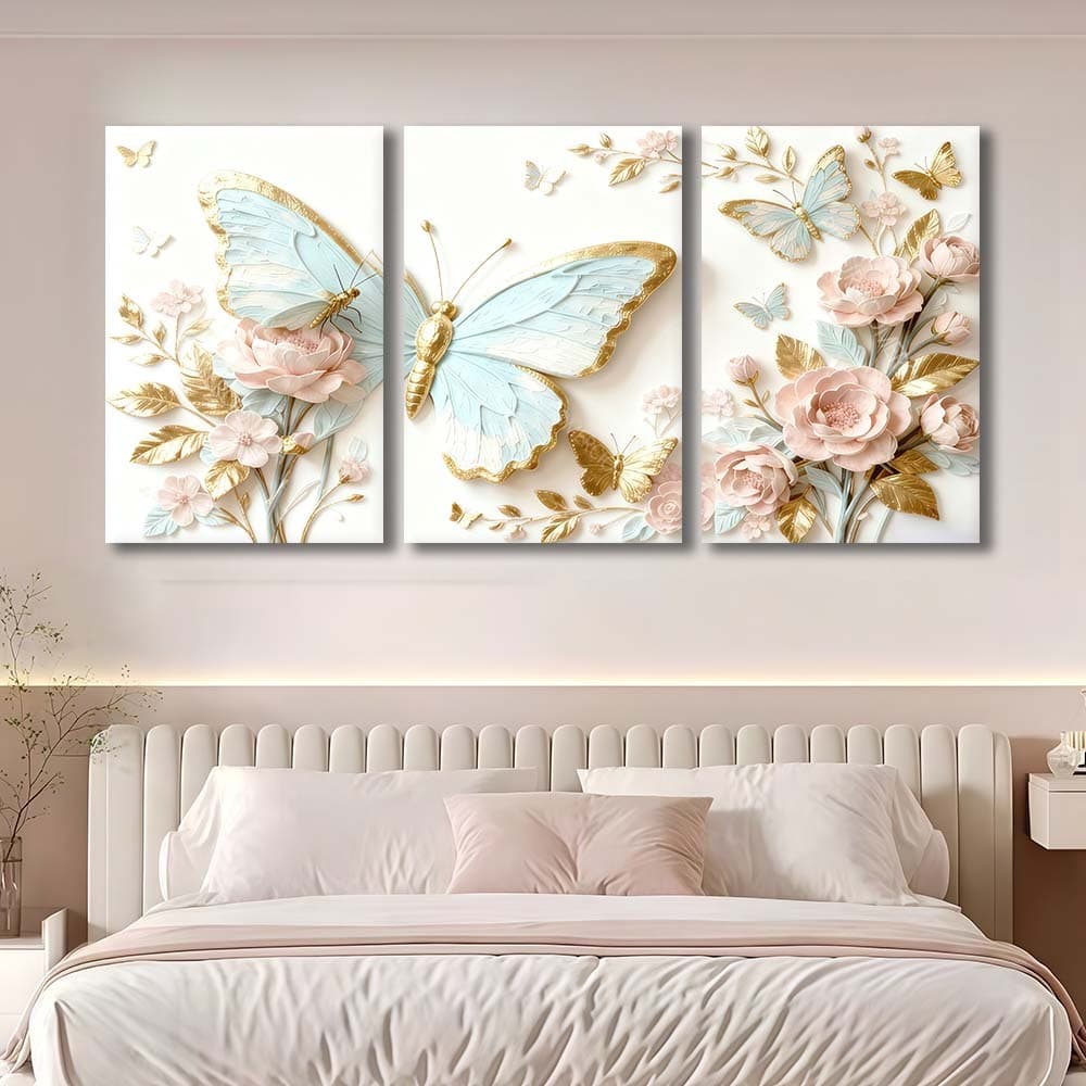 Kit 3 Quadros Decorativos Borboletas Azul Dourado Flores Cor De Rosa Decoracao Moderna Para Quarto E Sala De Estar