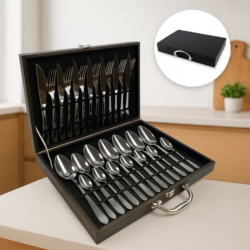 Faqueiro 24 Peças Inox com Maleta Preta – Colheres Garfos Facas, Acabamento Espelhado
