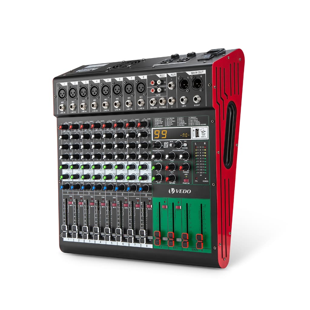 VEDO VDA308L Mesa De Som 8 Canais Com Amplificador 500W*2 99DSP PAN/MUTE/PFL/AUX 2 Canais Aux Gravação via Bluetooth USB