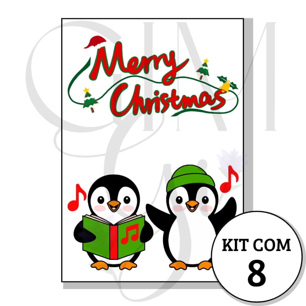 Kit com 8 Cartão Tag Natal. Merry Christmas Pinguim Música 7x10,5 cm papel Opeline 180g. Fim de ano