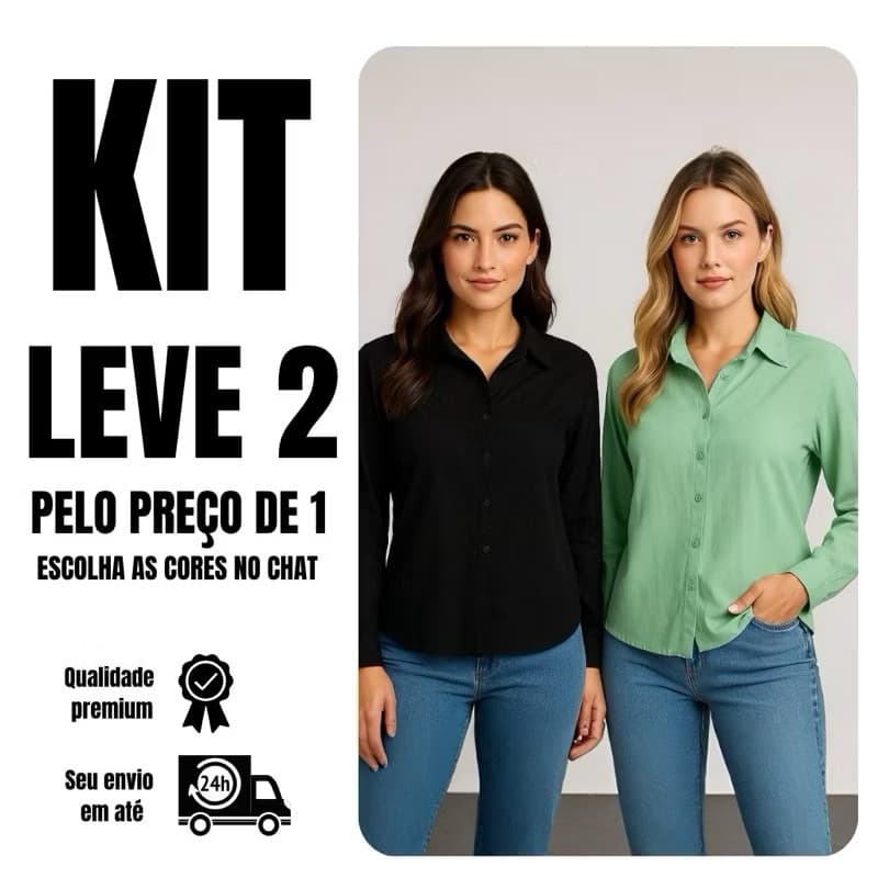 Kit 2 Camisas Femininas Manga Longa Viscolinho Social Casual