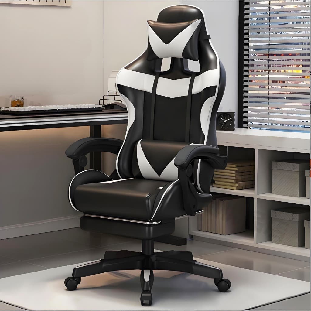 Cadeira Gamer Profissional Reclinável - Ergonômica, Giratória 360°, Couro PU e Descanso de Pés para Escritório F19