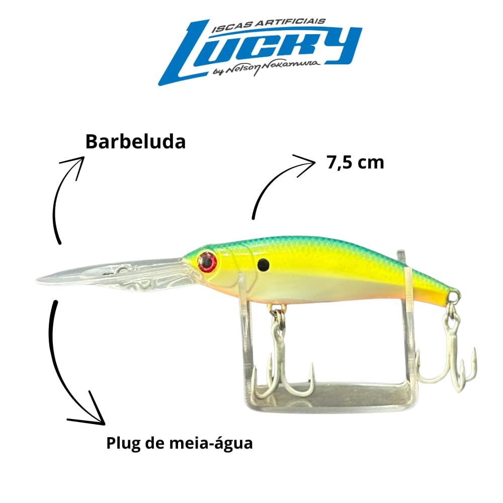 Isca artificial tucunaré – Drop 75 by Nakamura – 7,5cm 13g – Iscas Lucky – Plug Meia Água Barbeluda