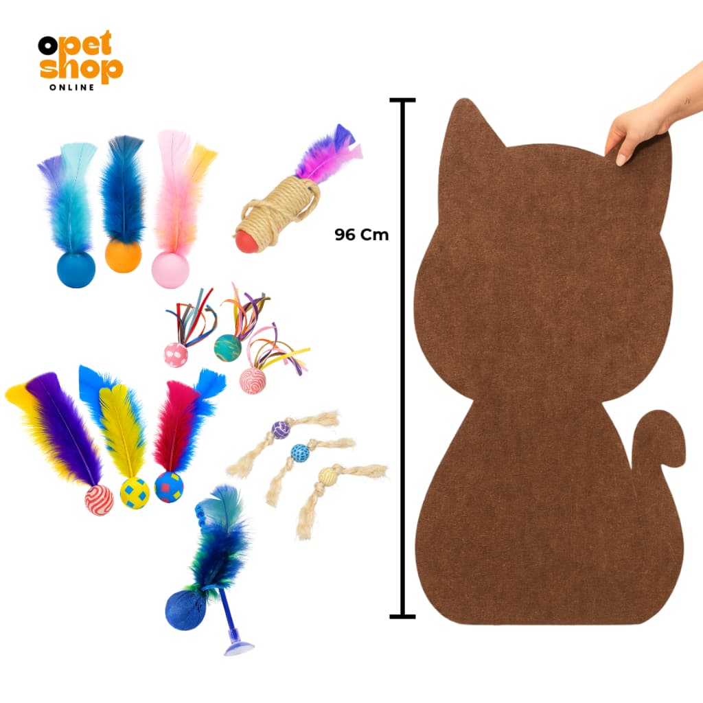 Kit Arranhador Adesivo Gatão Grande e 14 Brinquedos para Gatos - Diversão e Alívio de Estresse
