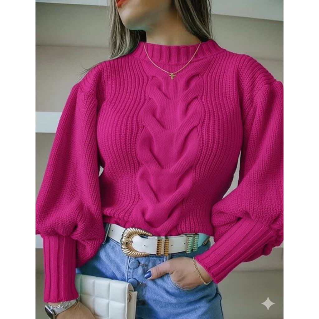 Blusa de Frio Feminina Trança Manga Bufante Modelo Blogueirinha