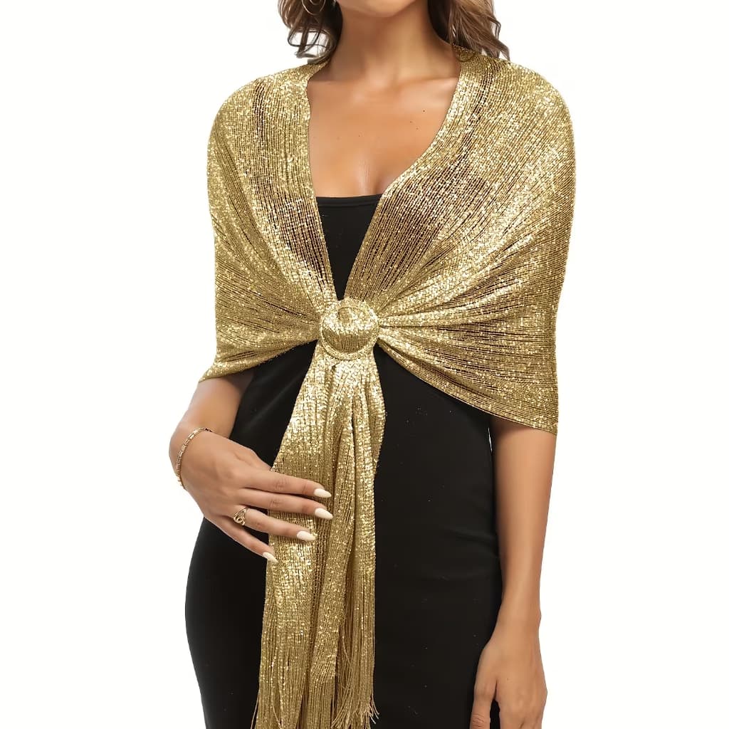 Elegante Xale de Lantejoulas Douradas com Detalhe de Borla - Perfeito para Festas Formatura e Casamento