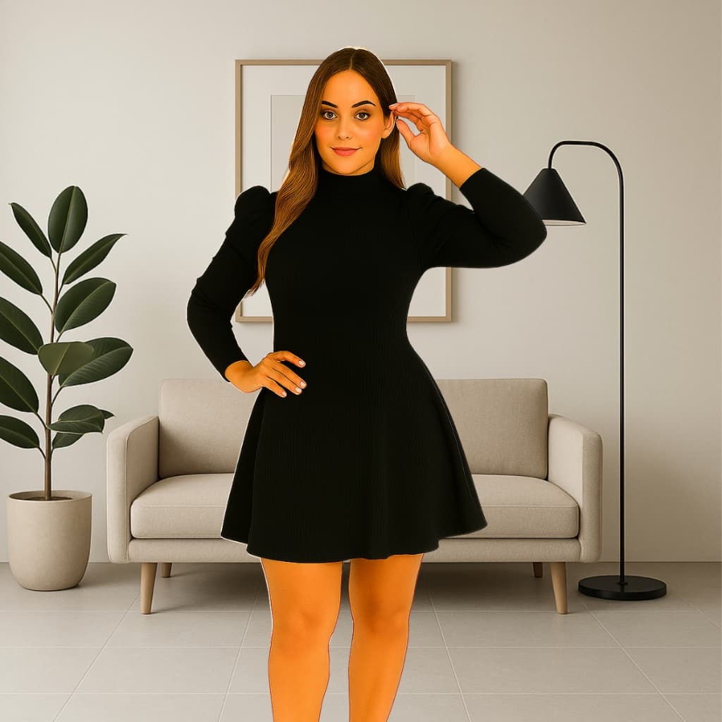 Vestido Curto  Mini Evase Manga Longa Princesa Gola Alta