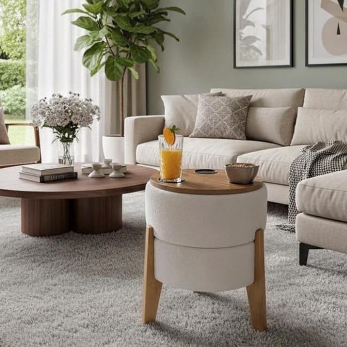 Puff Porta Copos Bouclê  1 unidades Premium Moderno Sala Quarto Banqueta Apoio de Pés Decorativo