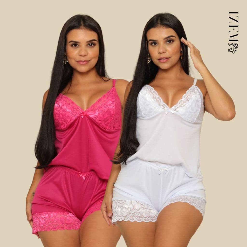 Kit 2 Baby Doll Pijama Curto Sensual com Renda Alça Regulável