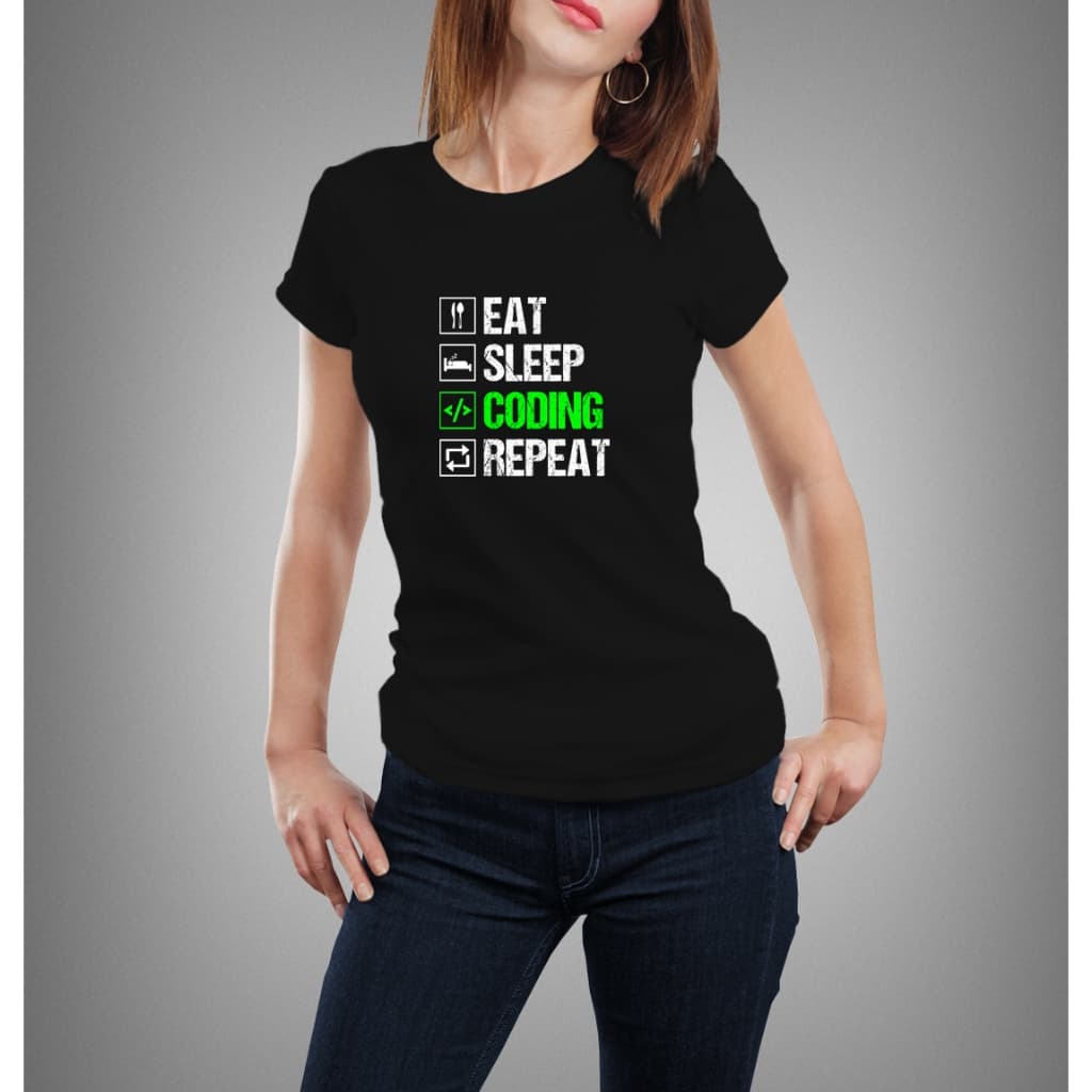 Camiseta Algodão Babylook EAT SLEEP CODING REPEAT Comer Dormir Codificar Repetir