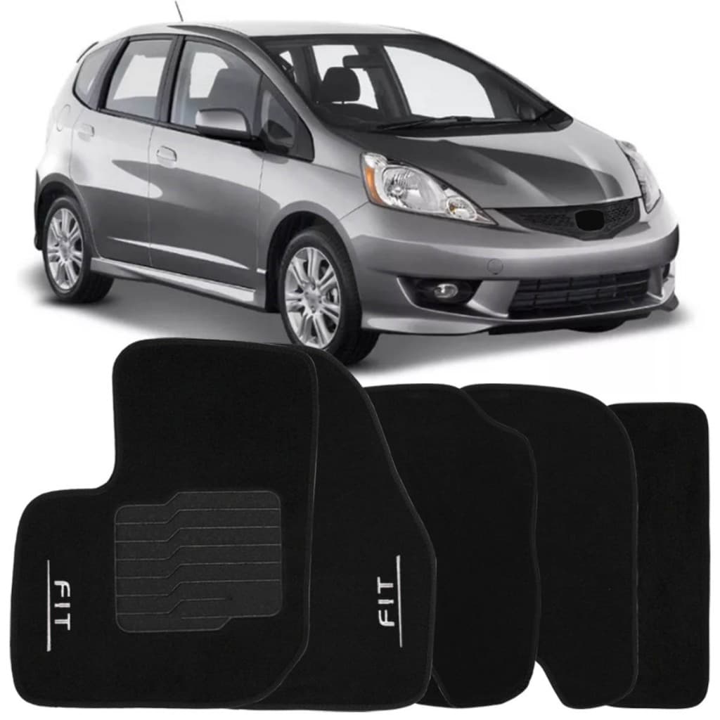 Tapete Carpete New Fit 2009 à 2014 Preto Logo Bordado Jogo 5 Peças Personalizado Automotivo