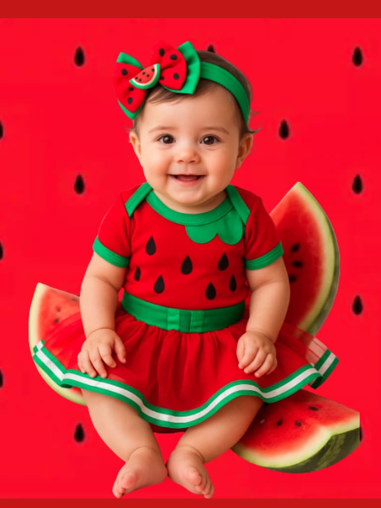 Body Bebê Melancia + saia tule + laço- Look Frutinha para Bebês, Tamanhos