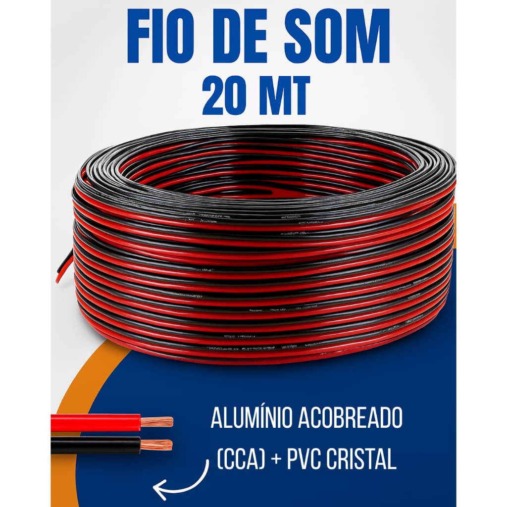 Fio de Som Paralelo 2 Vias Bicolor Automotivo e Residencial P/ Alto Falante e Caixa de Som - 20 Mts
