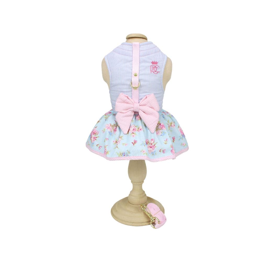 Vestido Laço e Guia Passeio Pet  Pata Chic Doce Flor - Azul