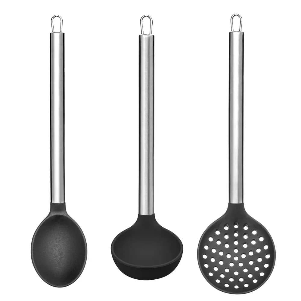 Kit 3 Peças Para Servir (colher/ Concha/ Escumadeira) Silicone Cabo Inox  - Up Home