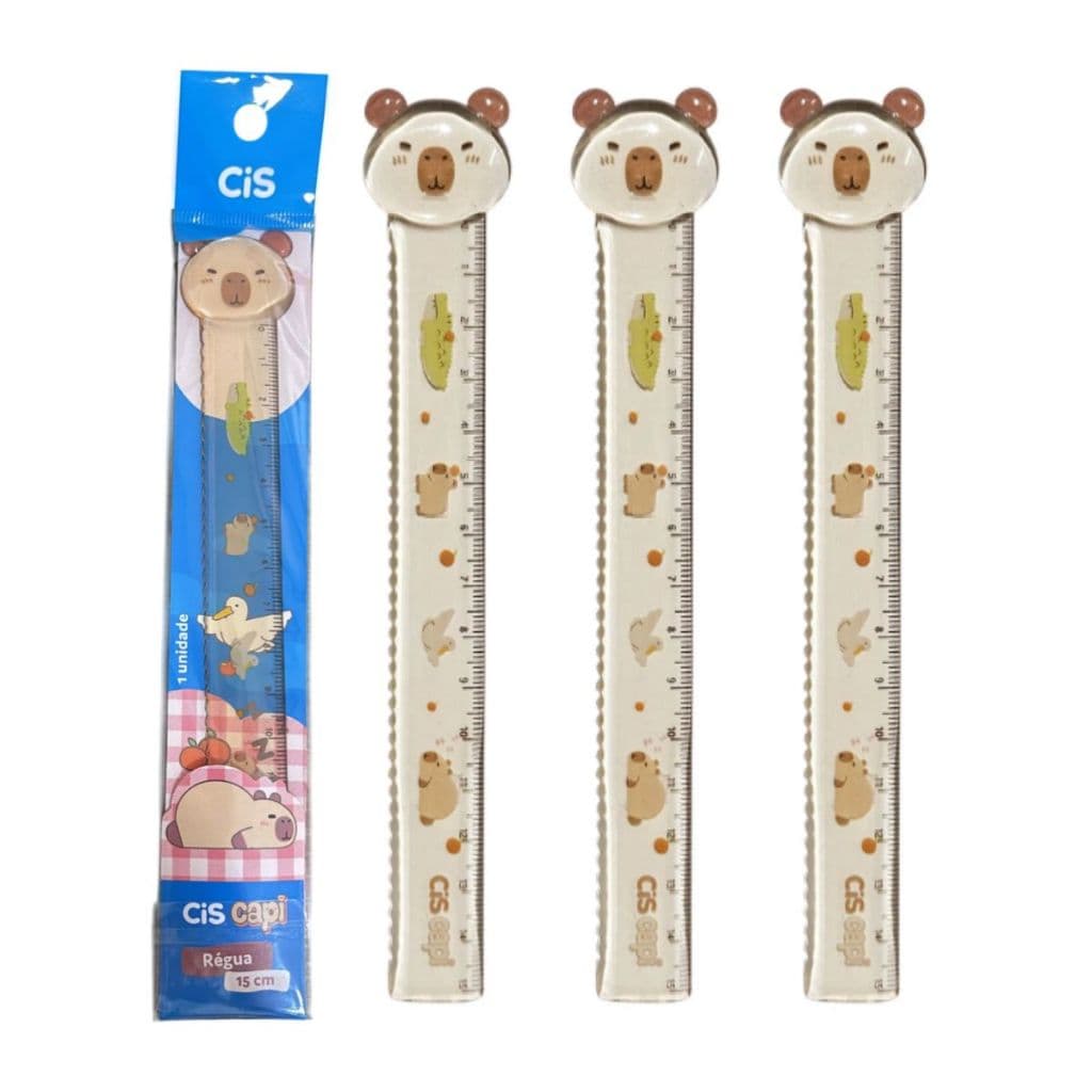 Kit com 3 Réguas Plásticas 15cm Decorada Capivara CiS Fofa Escolar Geometria Conjunto Colorido Aula