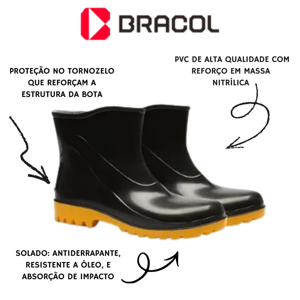 Bota Galocha de PVC Bracol Cano Extra Curto Impermeável Antiderrapante Motoboy, Pesca, Construção e Limpeza Profissional