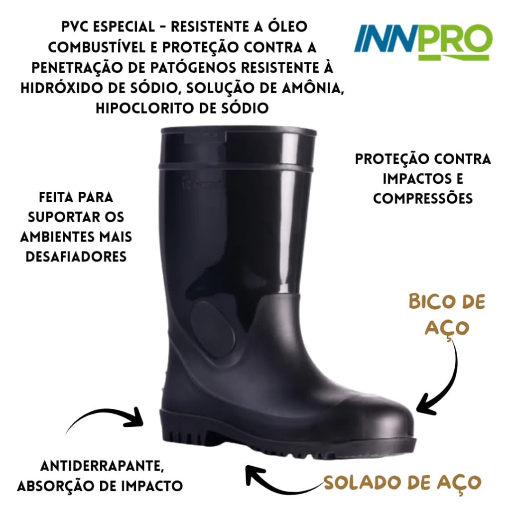 Bota Galocha PVC Bico e Palmilha de Aço Impermeável/Antiderrapente Trabalho Domestico e Profissional