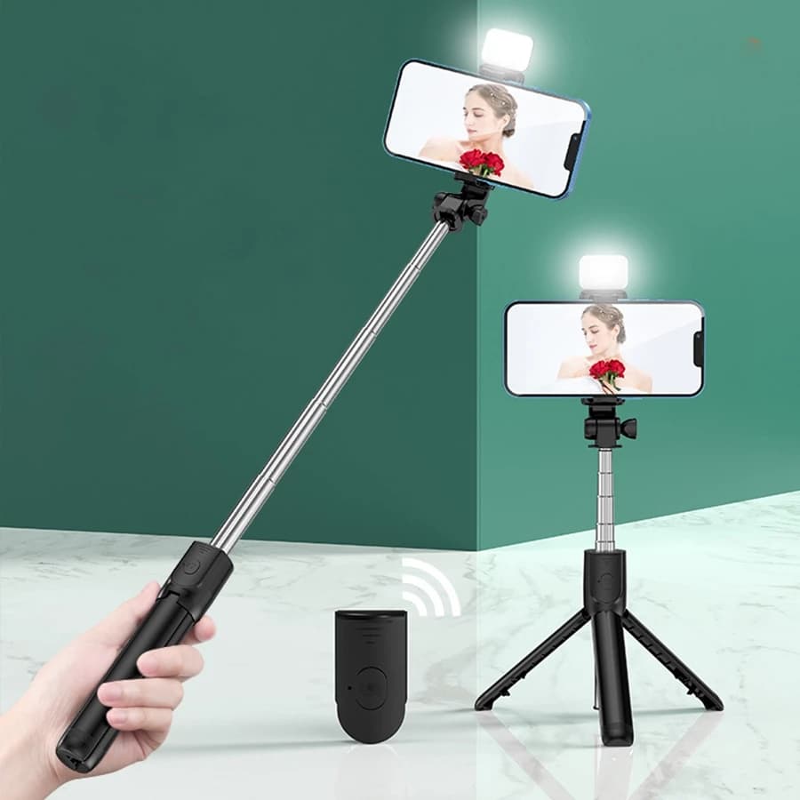 Bastão Retrátil Pau De Selfie Controle Bluetooth Com Luz Led Tripé