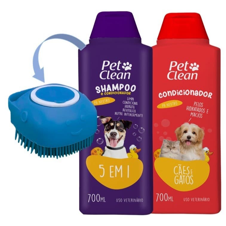 Kit Banho Shampoo + Condicionador + Escova Porta Shampoo - Pet Clean