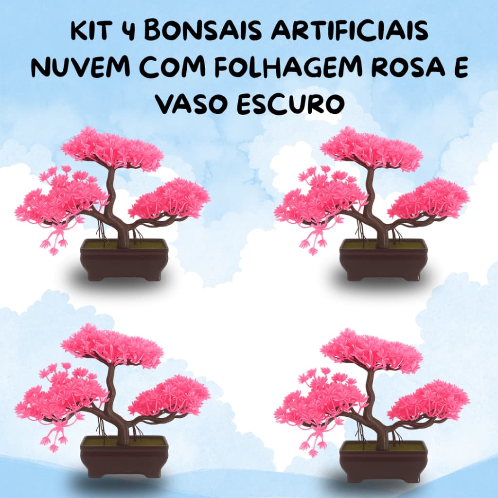 Kit 4 Bonsais Zen Artificial – Folhas Rosa e Charme Oriental Decorativo Vaso Escuro