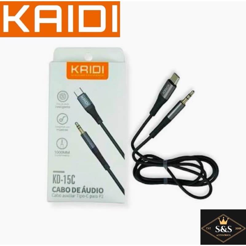 Cabo adaptador de áudio P2 para Tipo C Kaidi Brasil KD-15C flexível e resistente 100% Original