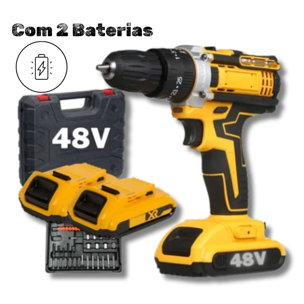 Parafusadeira Furadeira 48V Com 2 Baterias/Maleta Acessórios Completo Carregador Bivolt 11 Bits de parafuso