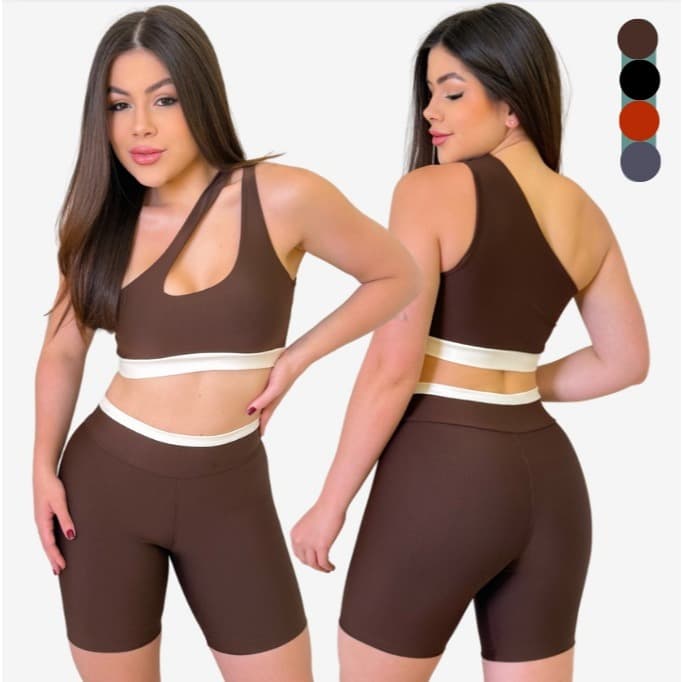 Conjunto Fitness Feminino Bicolor Top Nula Manga + Short Cintura Alta Zero Transparência