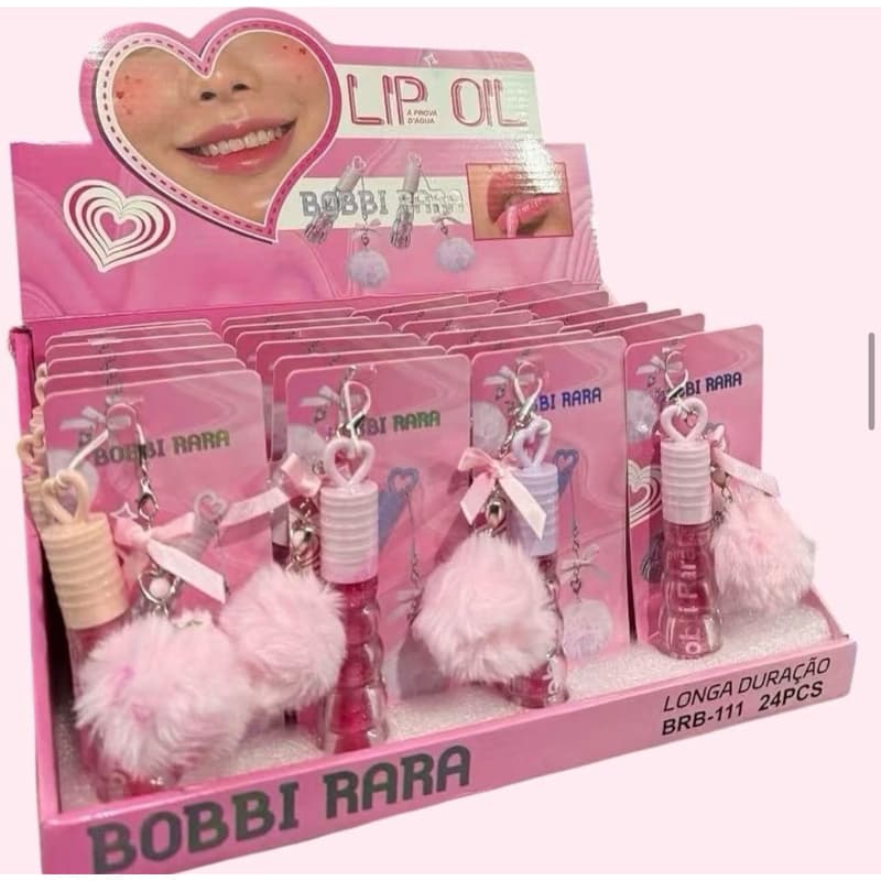 Box Fechado c/ 24 unidades 3 cores Gloss Lip Oil Shiny com Chaveiro Pompom Bobbi Rara - Gloss à prova d'água