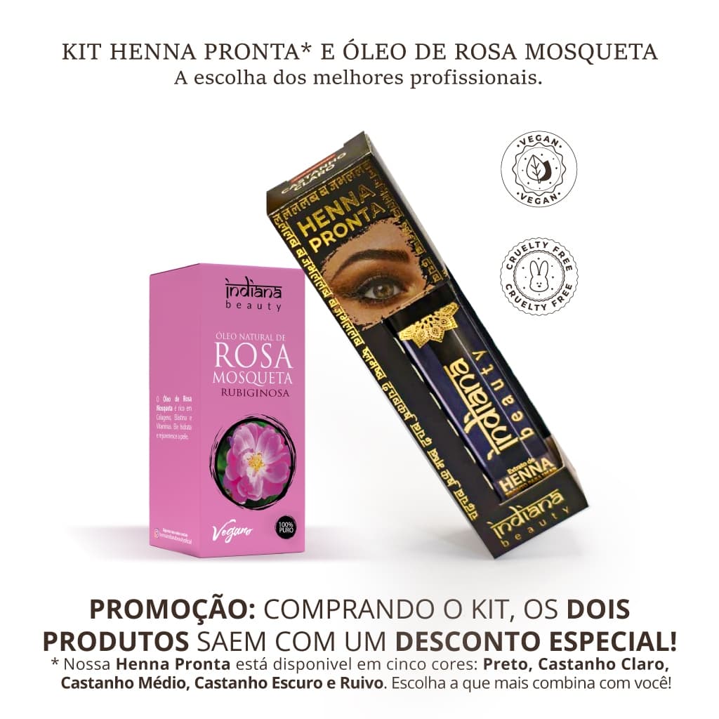 Kit Henna Pronta + Óleo Rosa Mosqueta Indiana Beauty Sobrancelhas Perfeitas Pele Hidratada