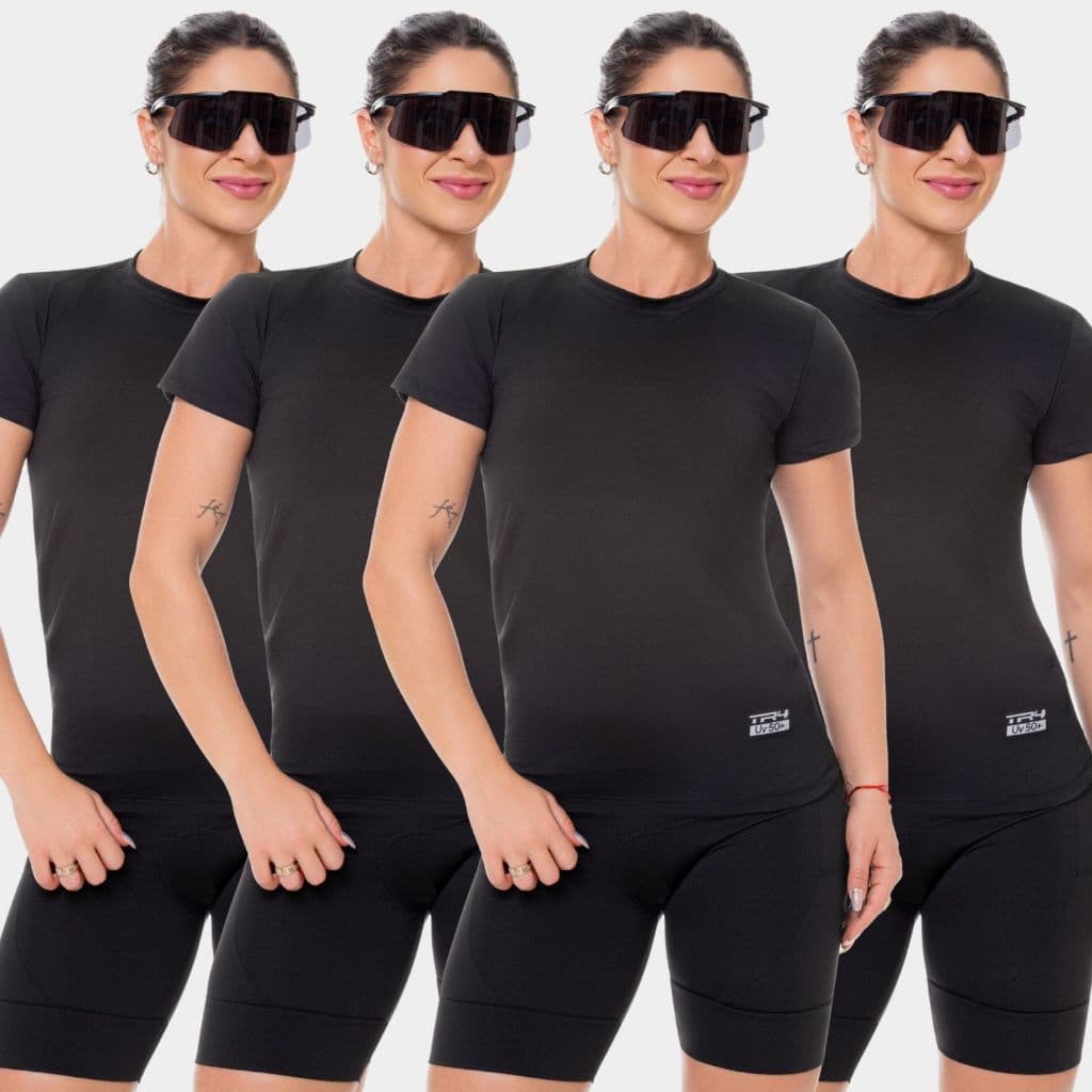 Kit 4 Camisa Blusa Dry Fit Feminina Manga Curta Academia Treino Esporte Corrida Exercício Proteção Uv Preta