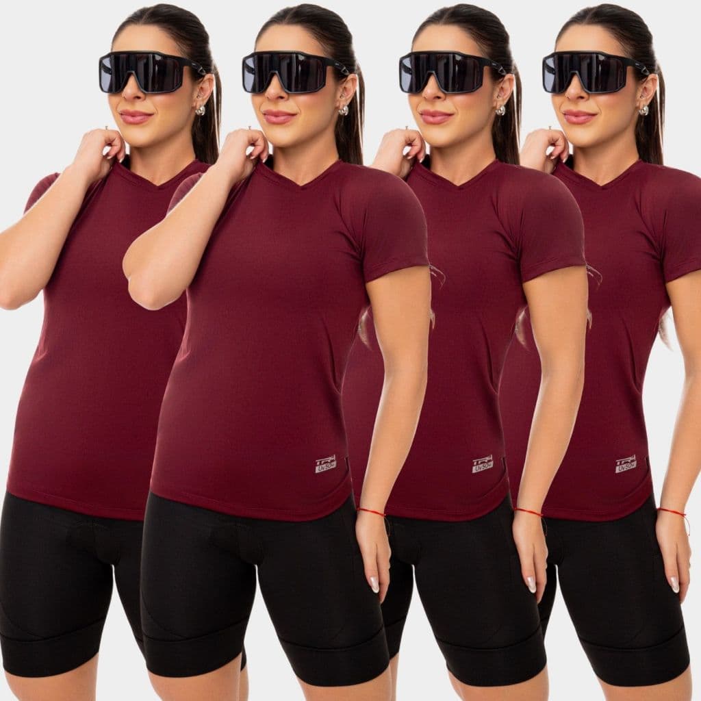 4 Camiseta Blusa Dry Fit Feminina Manga Curta Academia Treino Esporte Corrida Exercício Proteção Uv Vinho