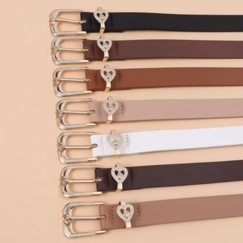 Cinto Feminino Fino de Coração com Strass Couro Pu Acessório De Moda