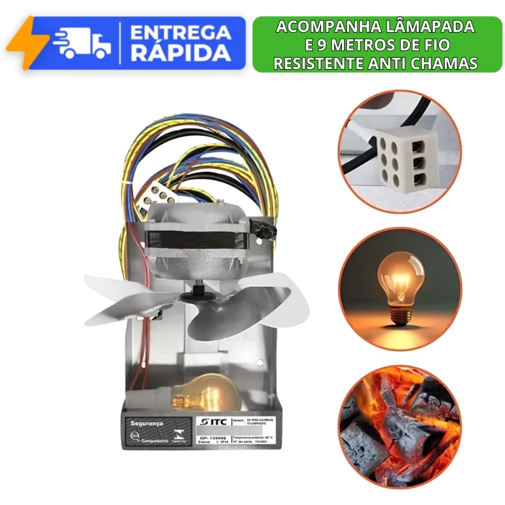 Exaustor Para Churrasqueira De Carvão Alta Temperatura Com Lampada e 9 metros de fio anti chamas