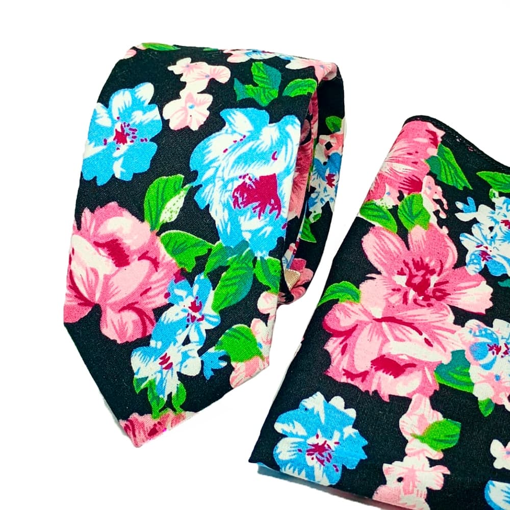 Gravatas de algodão floral kashimir com lenço de bolso + prendedor