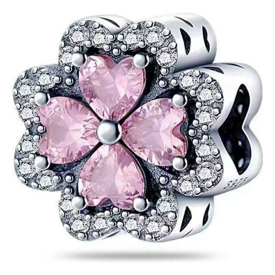 Berloque Separador Flor Rosa Zircônias Prata 925 com Certificado e Garantia