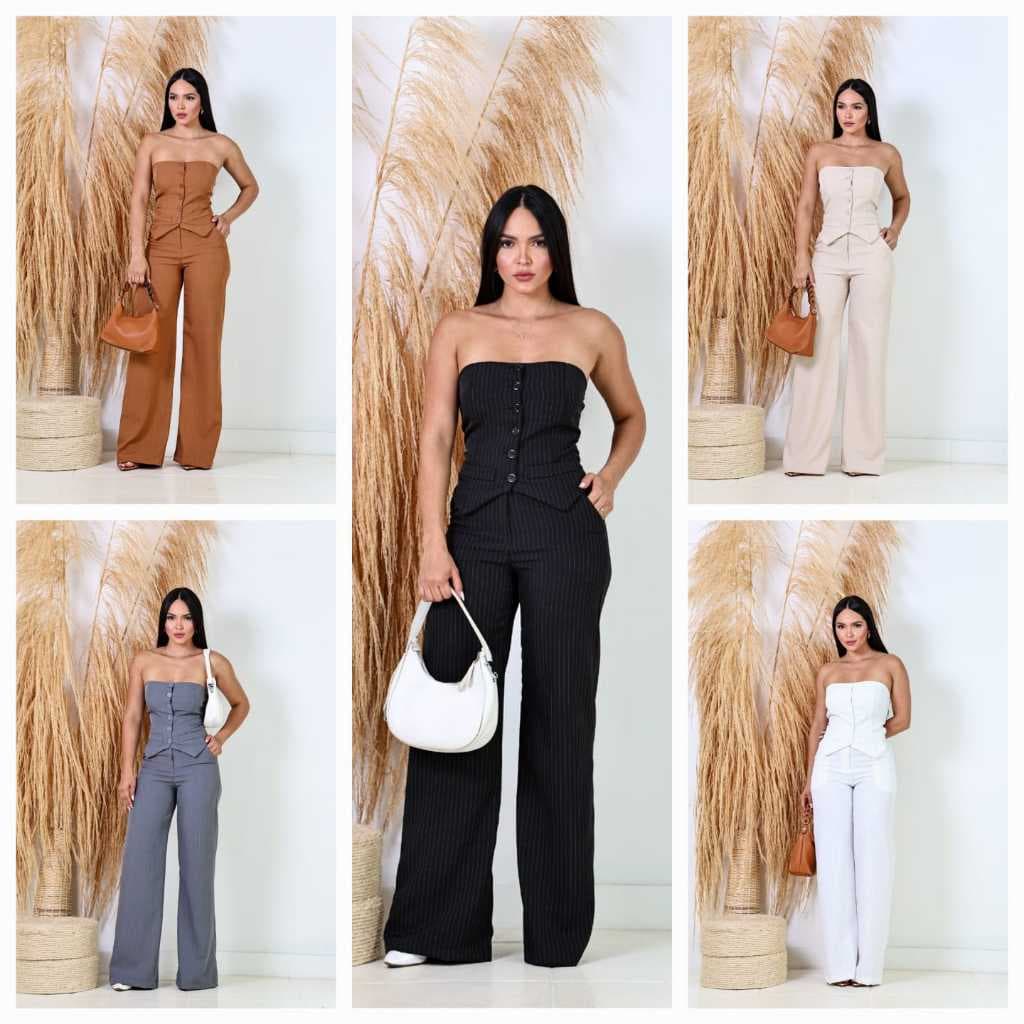 CONJUNTO FEMININO CASUAL RISCA DE GIZ DE CALÇA PANTALONA E BLUSA TOMARA Q CAIA