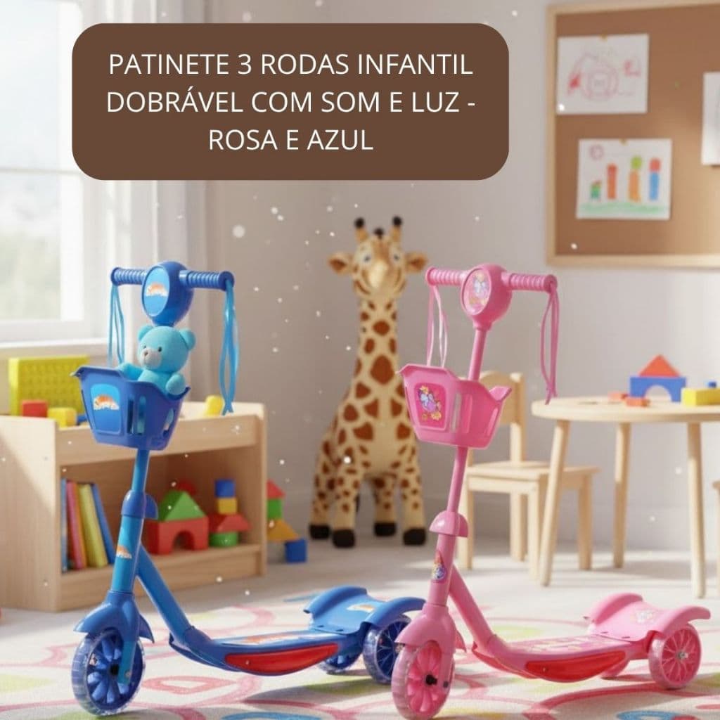 Patinete 3 Rodas Infantil Dobrável com Som e Luz Musical Led Cesto - Rosa e Azul